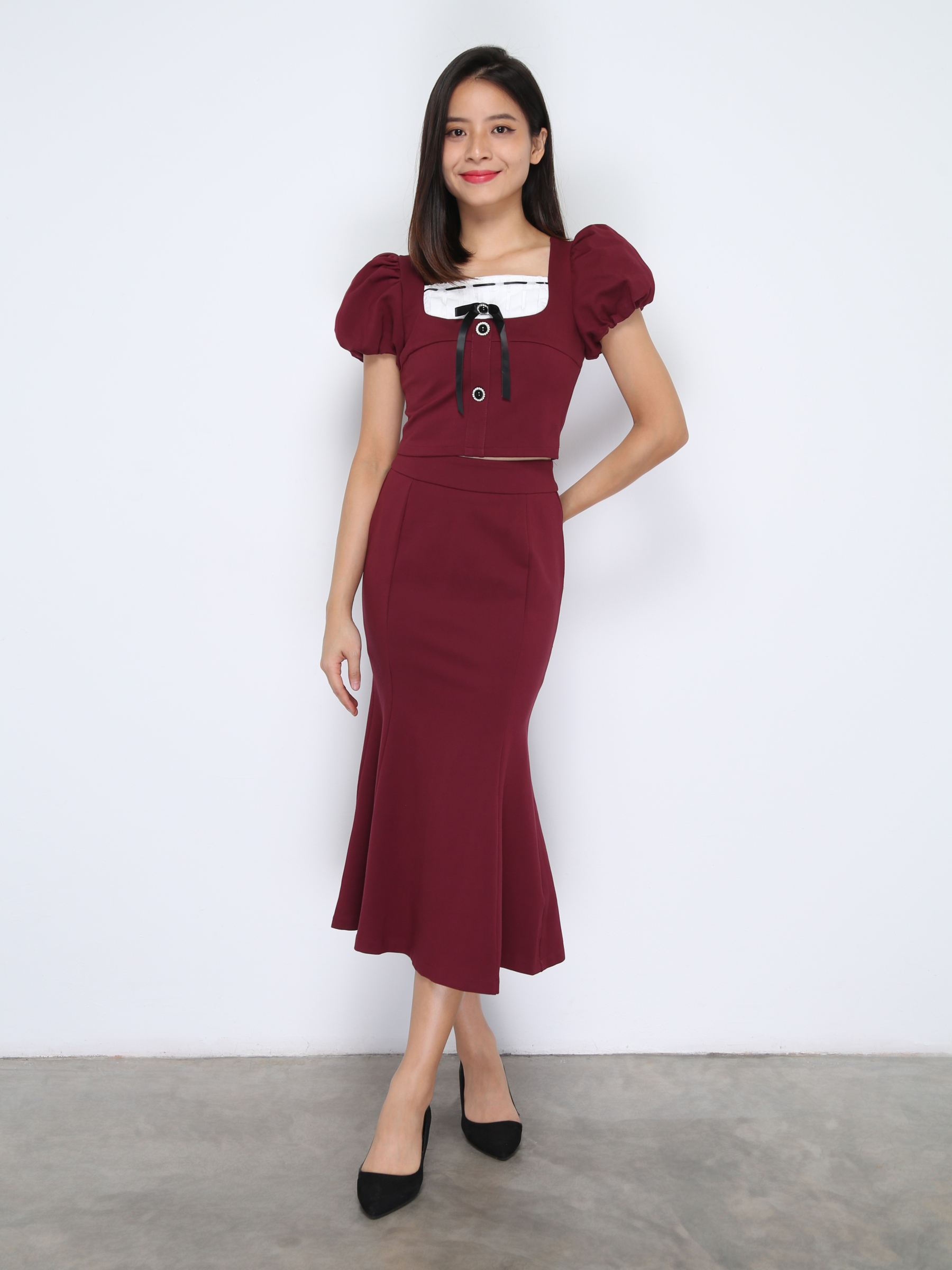 Puff Sleeve Top With Long Skirt Set 38034