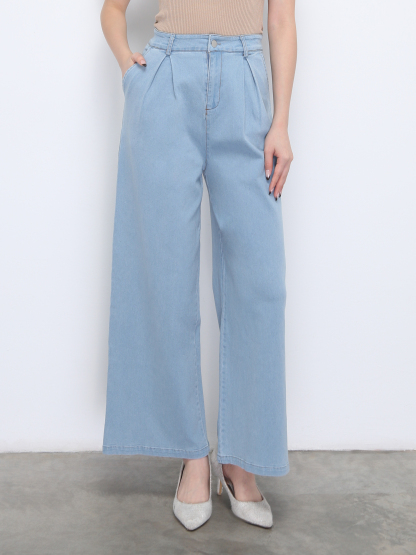 Denim High Waist Side Pocket Pleated Long Pant 38241