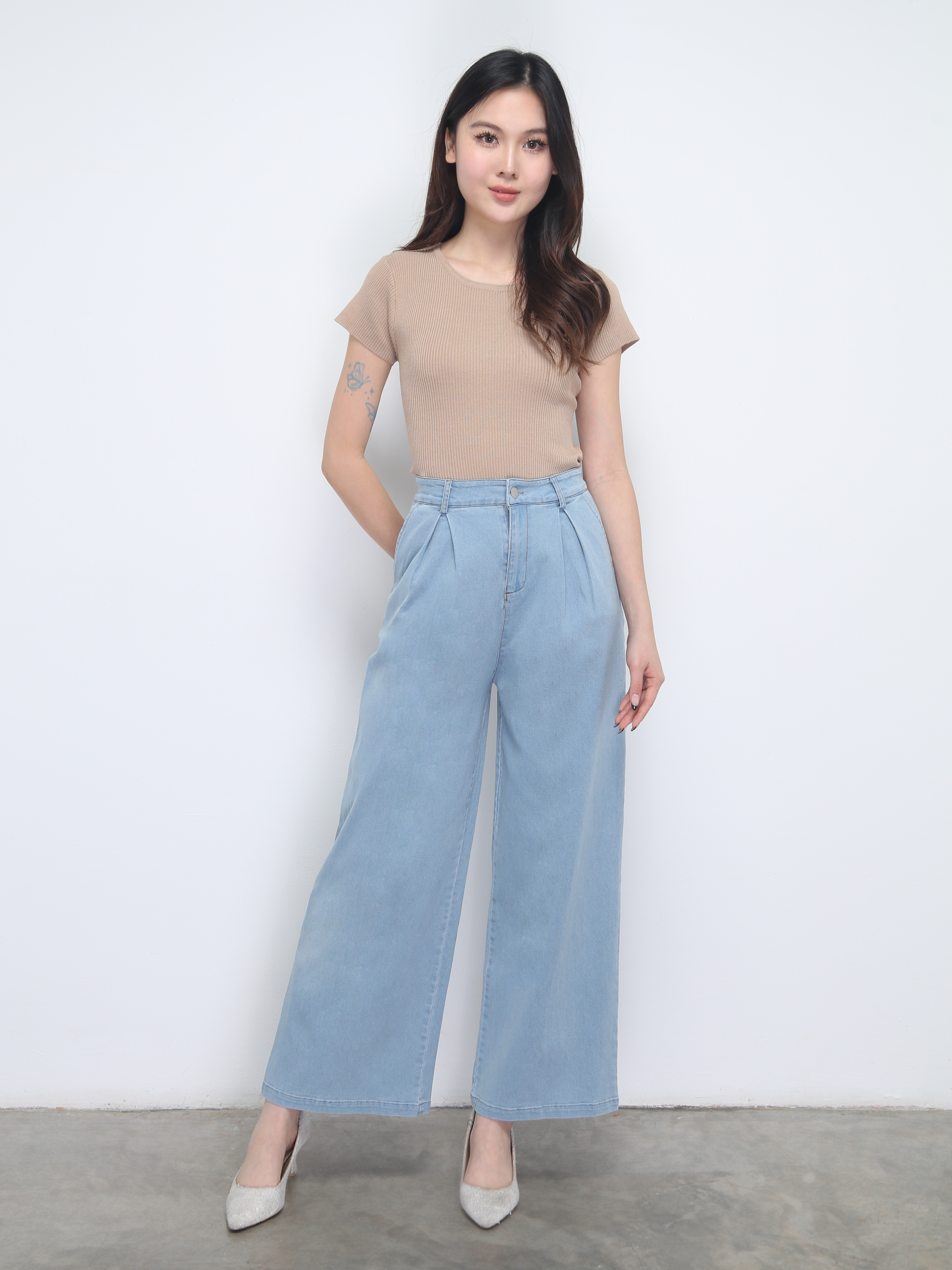 Denim High Waist Side Pocket Pleated Long Pant 38241