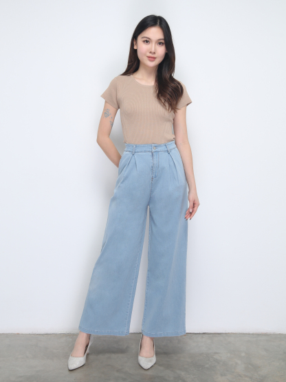 Denim High Waist Side Pocket Pleated Long Pant 38241