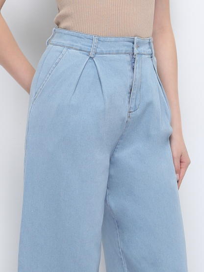 Denim High Waist Side Pocket Pleated Long Pant 38241