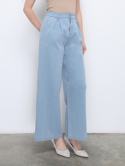Denim High Waist Side Pocket Pleated Long Pant 38241