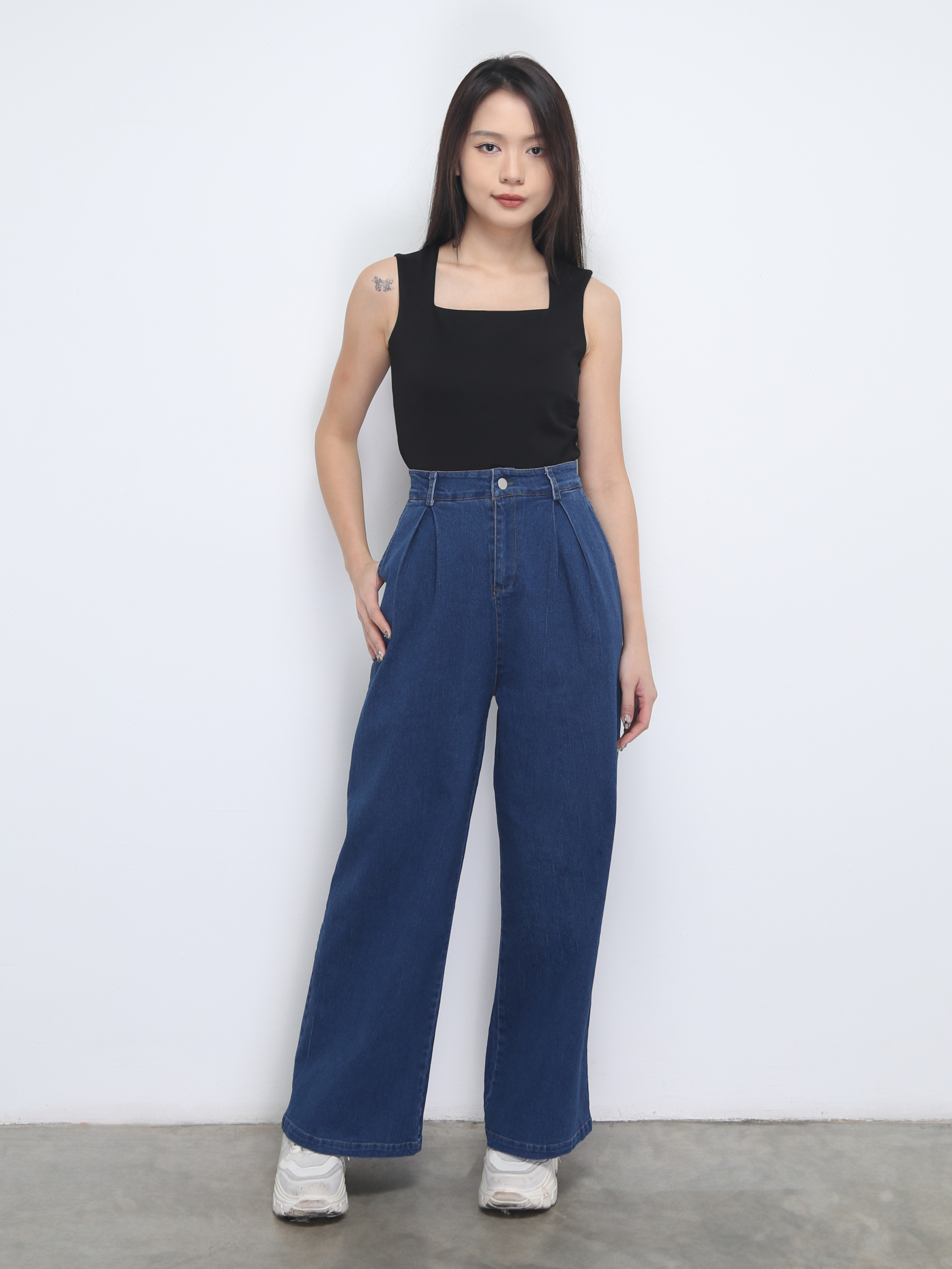 Denim High Waist Side Pocket Pleated Long Pant 38241