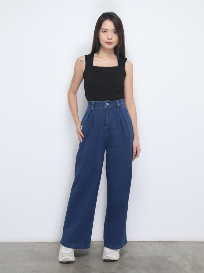 Denim High Waist Side Pocket Pleated Long Pant 38241