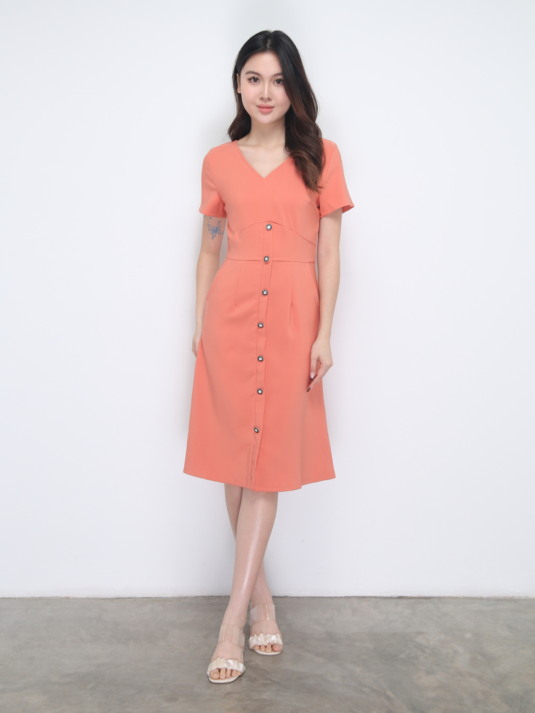 Short Sleeve V Neck Front Button Dress 38437