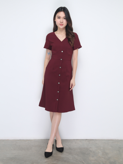 Short Sleeve V Neck Front Button Dress 38437