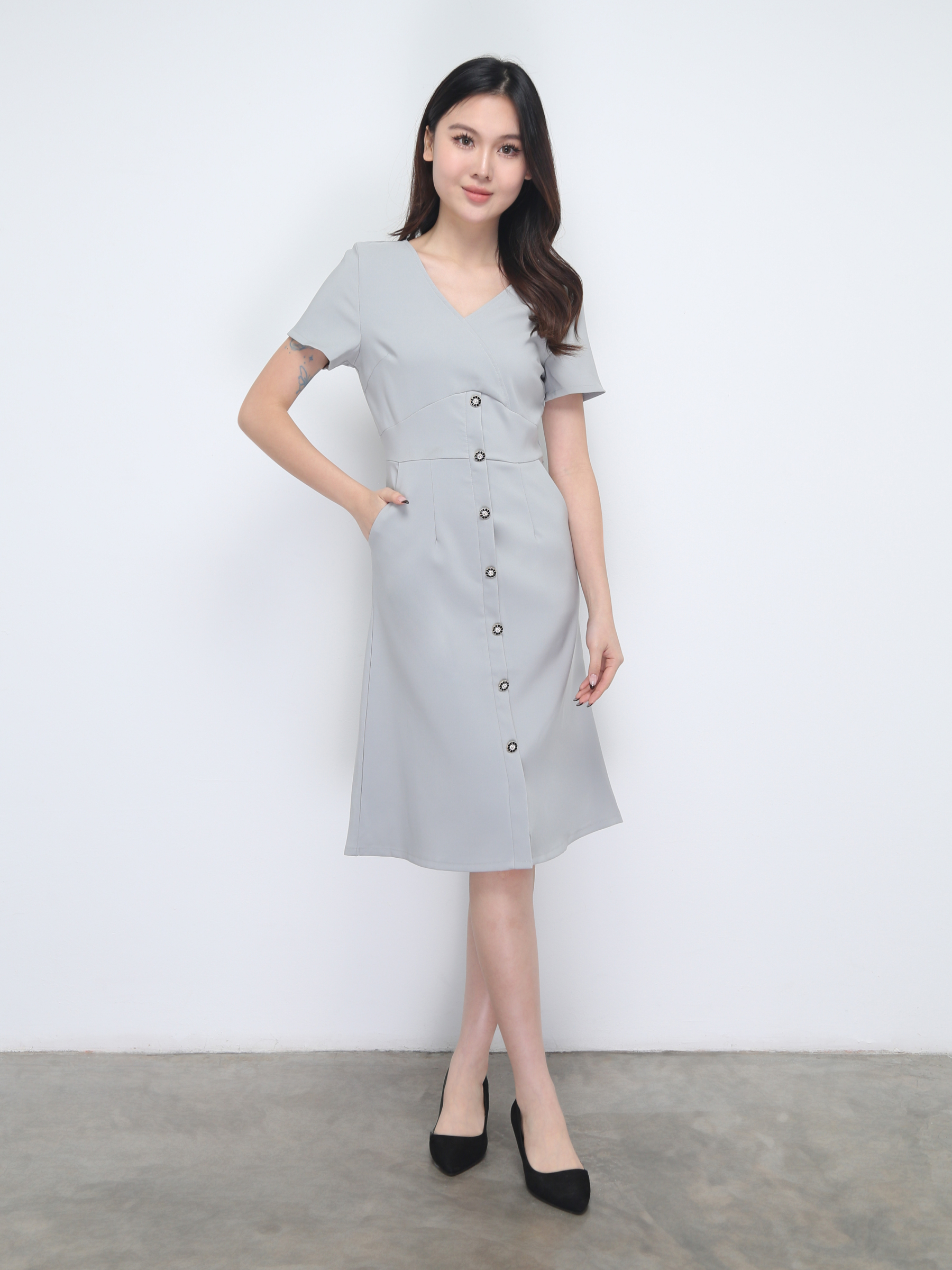 Short Sleeve V Neck Front Button Dress 38437