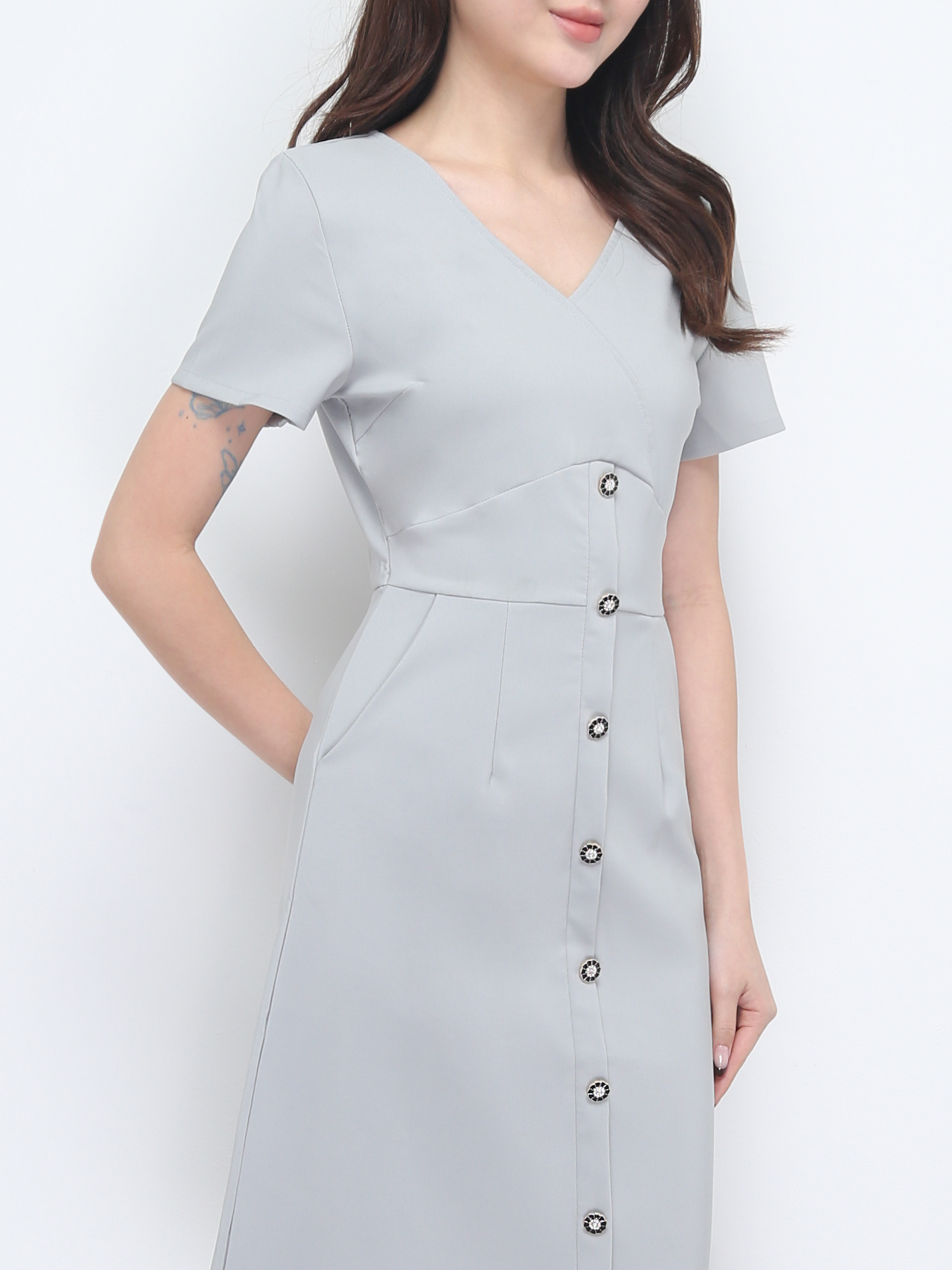 Short Sleeve V Neck Front Button Dress 38437