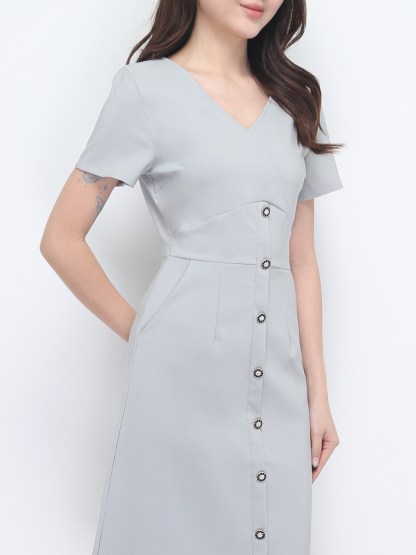 Short Sleeve V Neck Front Button Dress 38437