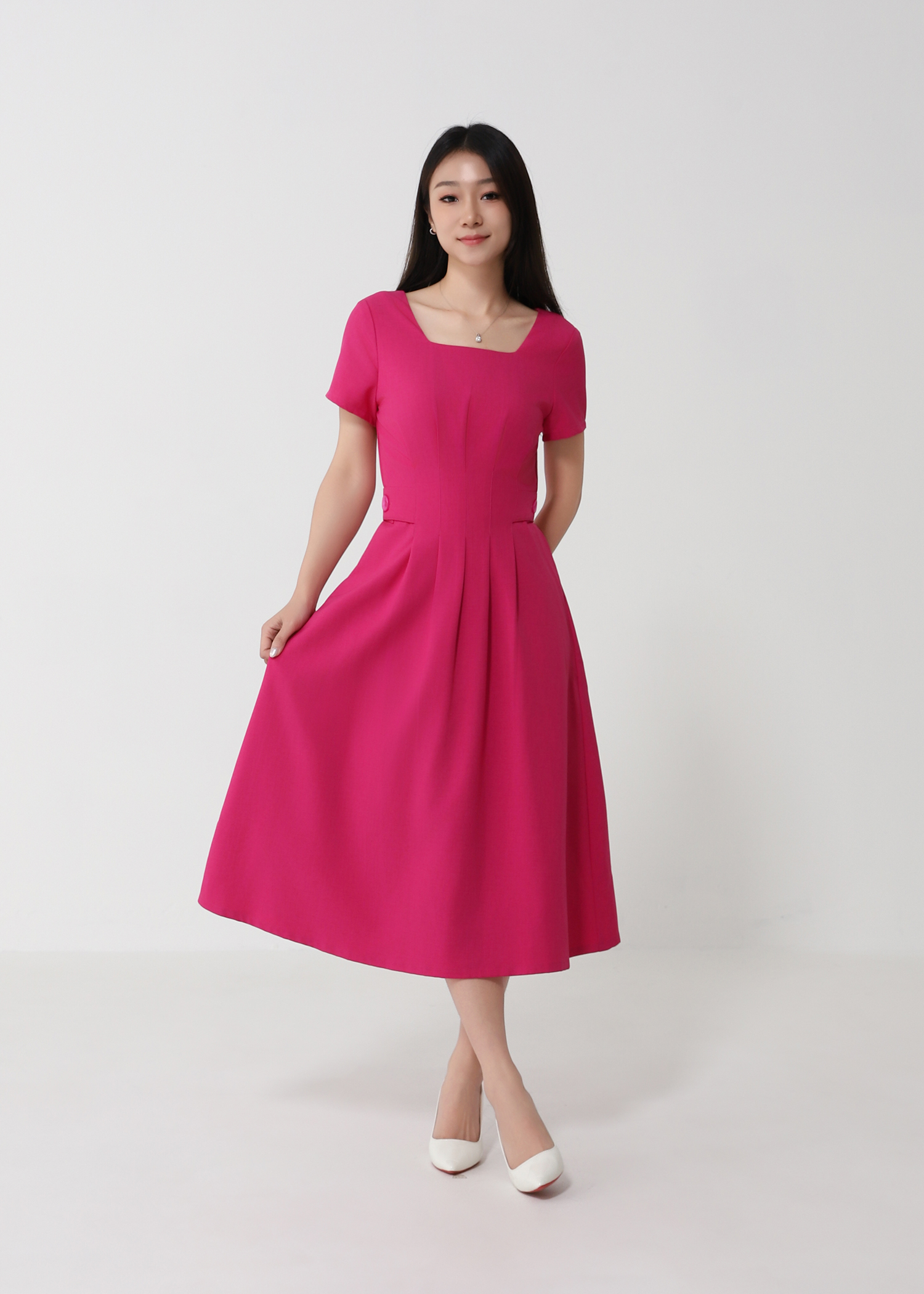 Short Sleeve Back Zip Pleated Dress 39084