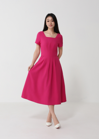 Short Sleeve Back Zip Pleated Dress 39084