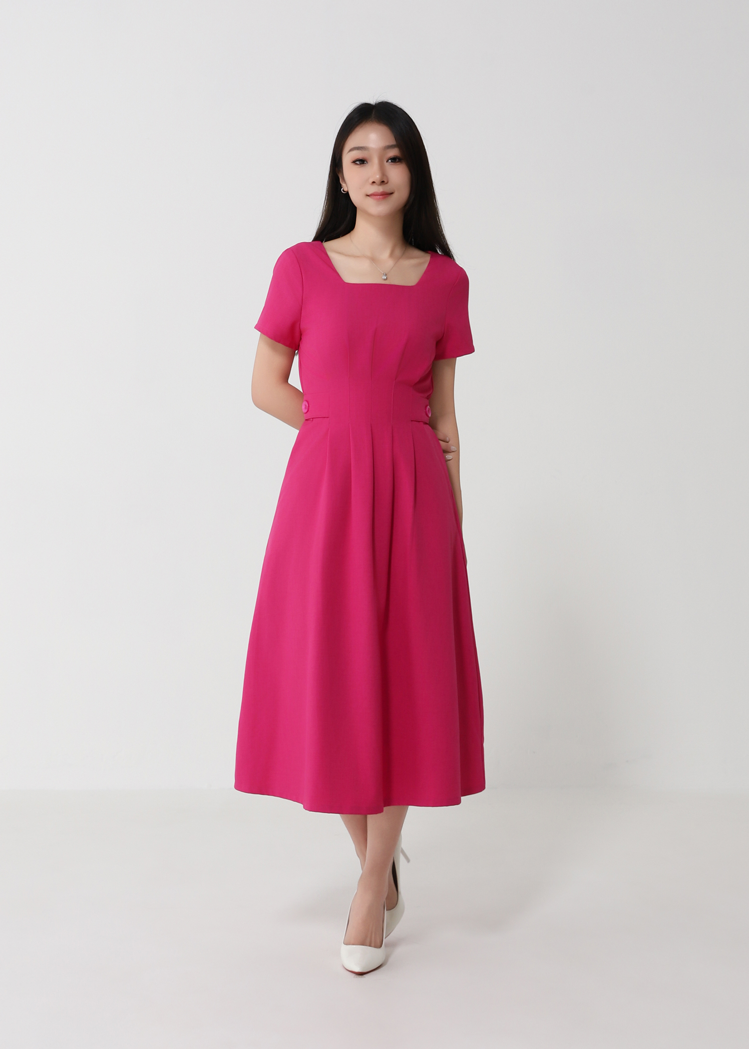 Short Sleeve Back Zip Pleated Dress 39084