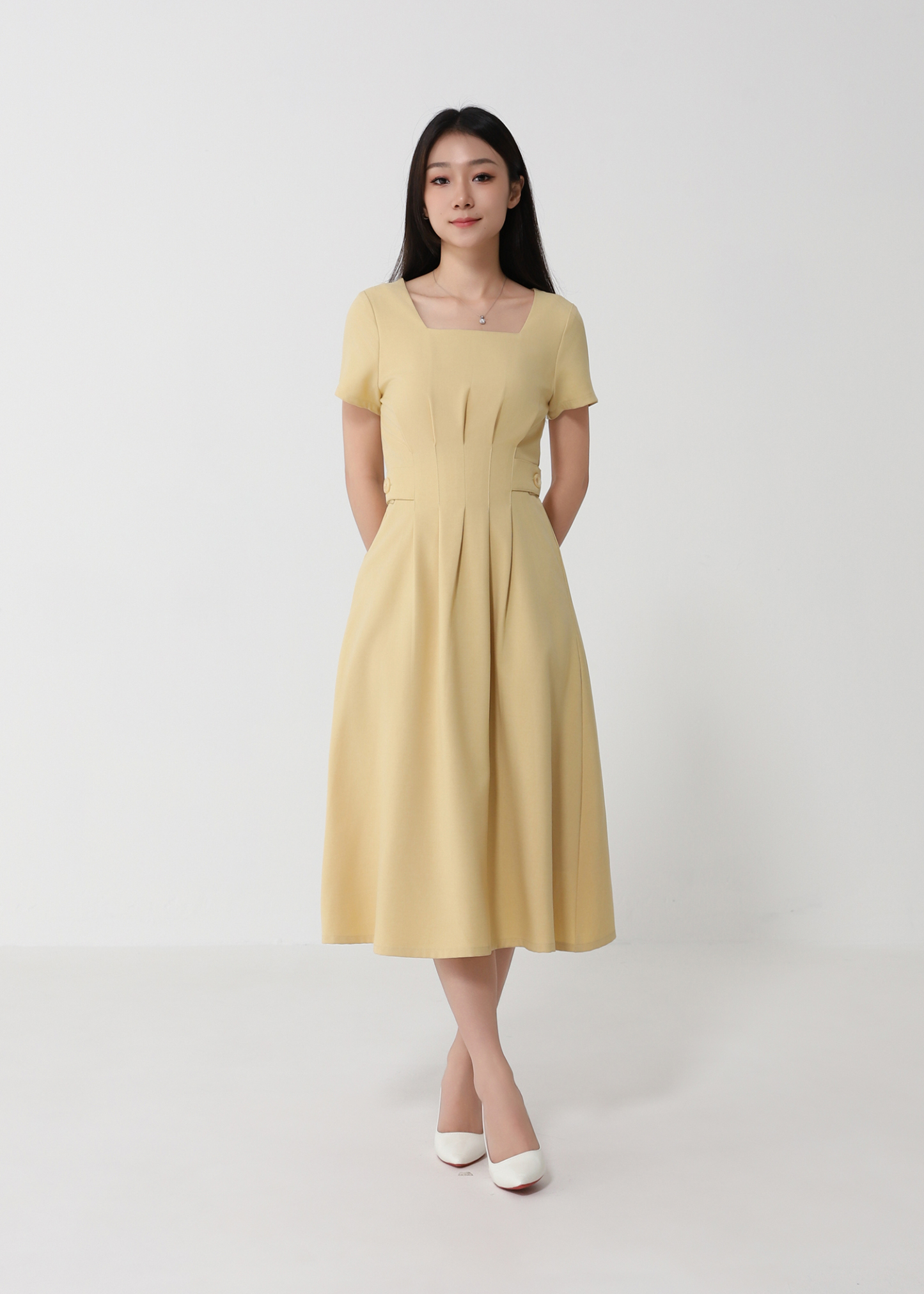 Short Sleeve Back Zip Pleated Dress 39084