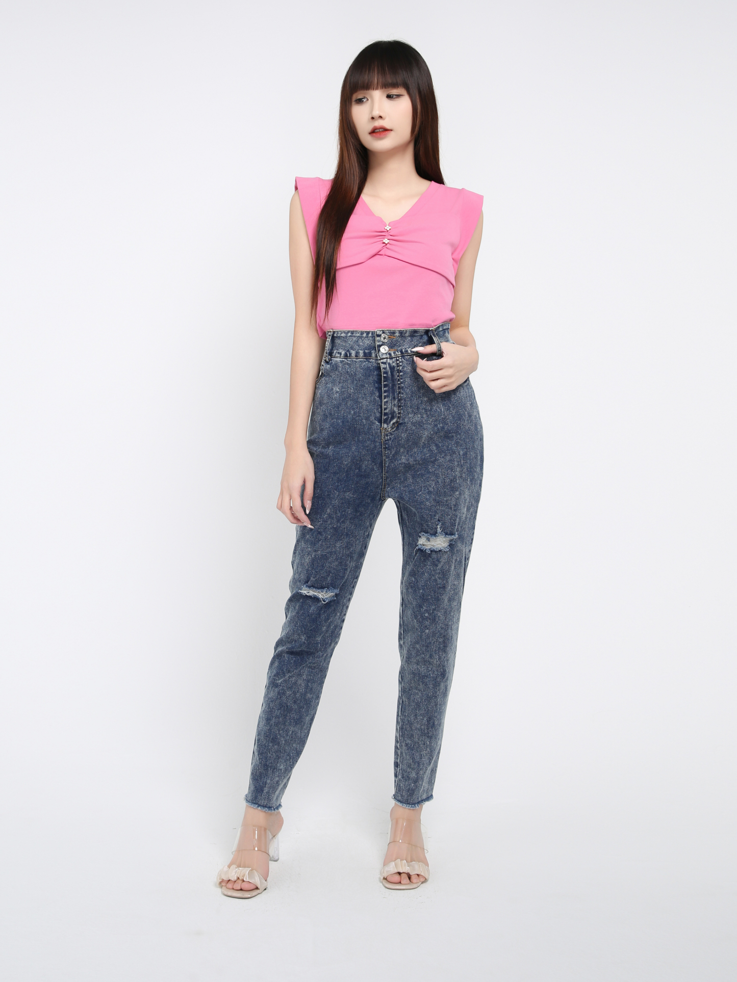Denim High Waist Side Pocket Long Pant 39380