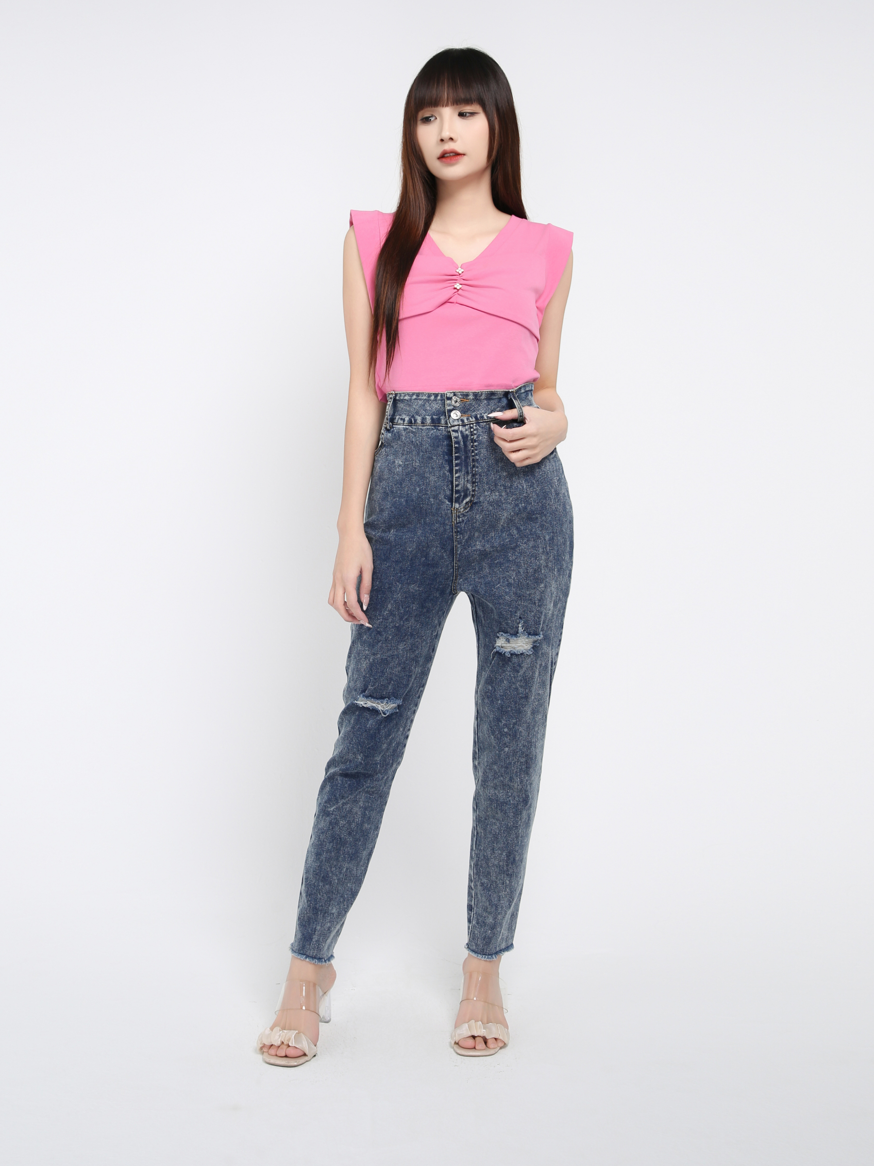 Denim High Waist Side Pocket Long Pant 39380
