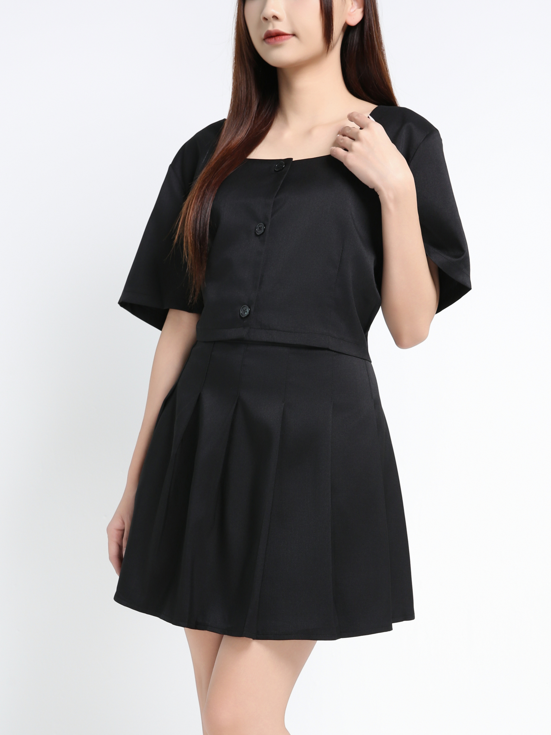 Short Sleeve Front Button Top With Skirt Pant Set 39377