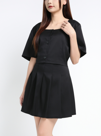 Short Sleeve Front Button Top With Skirt Pant Set 39377