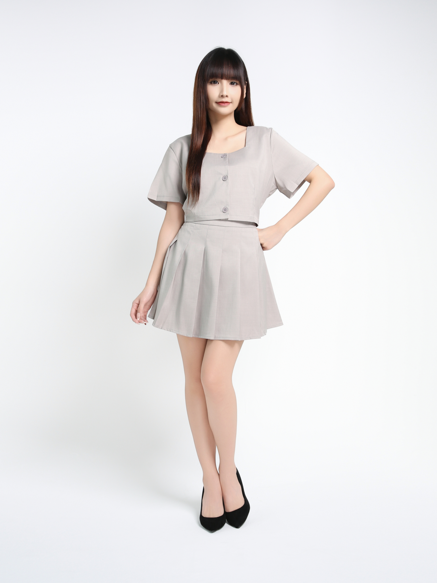 Short Sleeve Front Button Top With Skirt Pant Set 39377