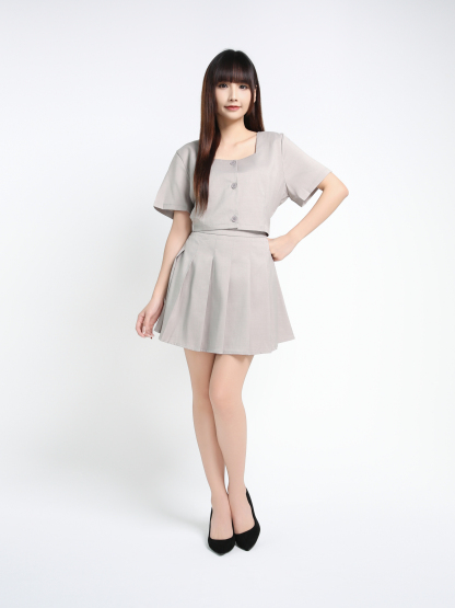 Short Sleeve Front Button Top With Skirt Pant Set 39377