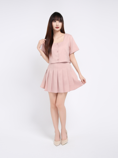 Short Sleeve Front Button Top With Skirt Pant Set 39377