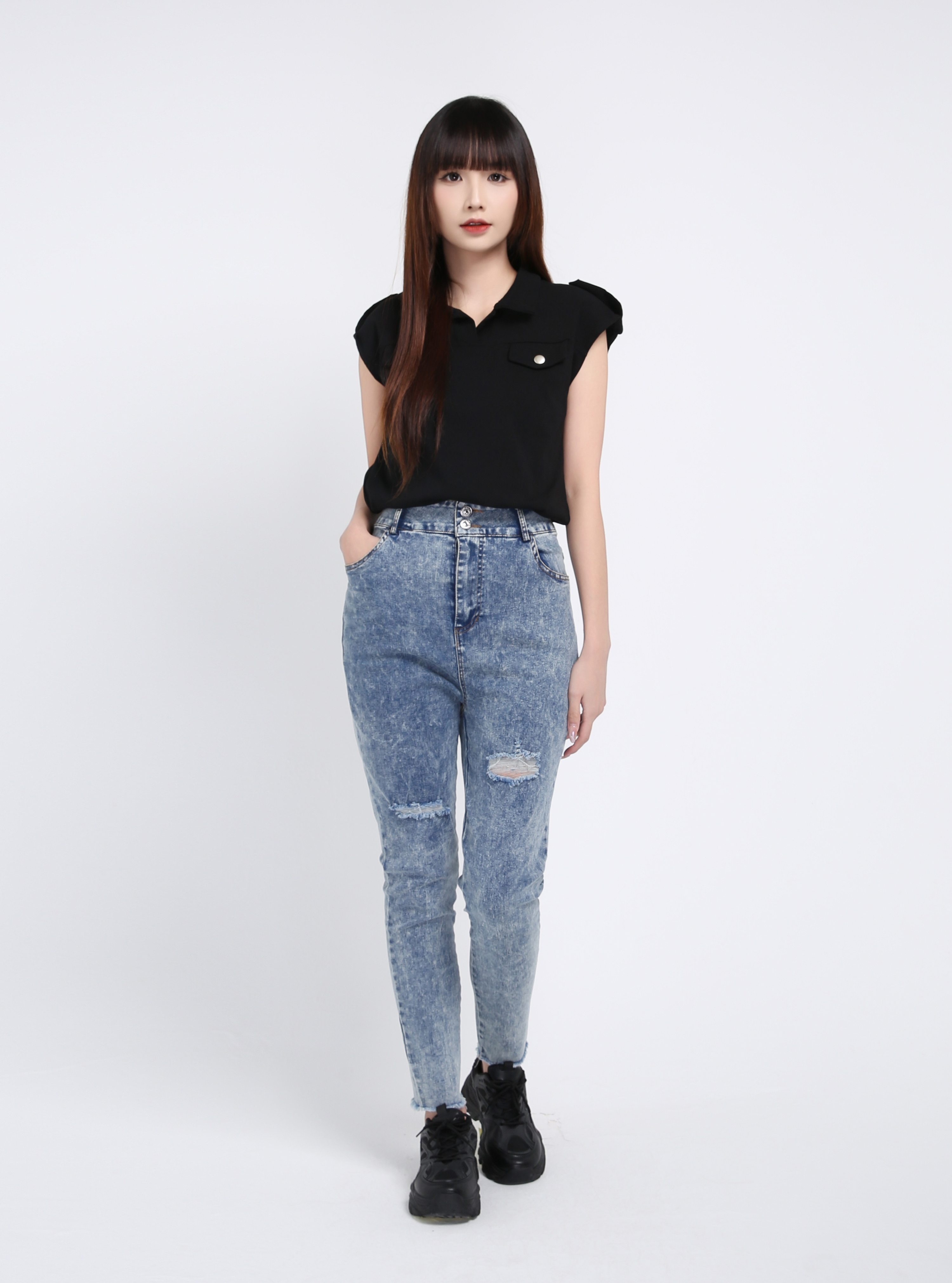 Denim High Waist Side Pocket Long Pant 39380