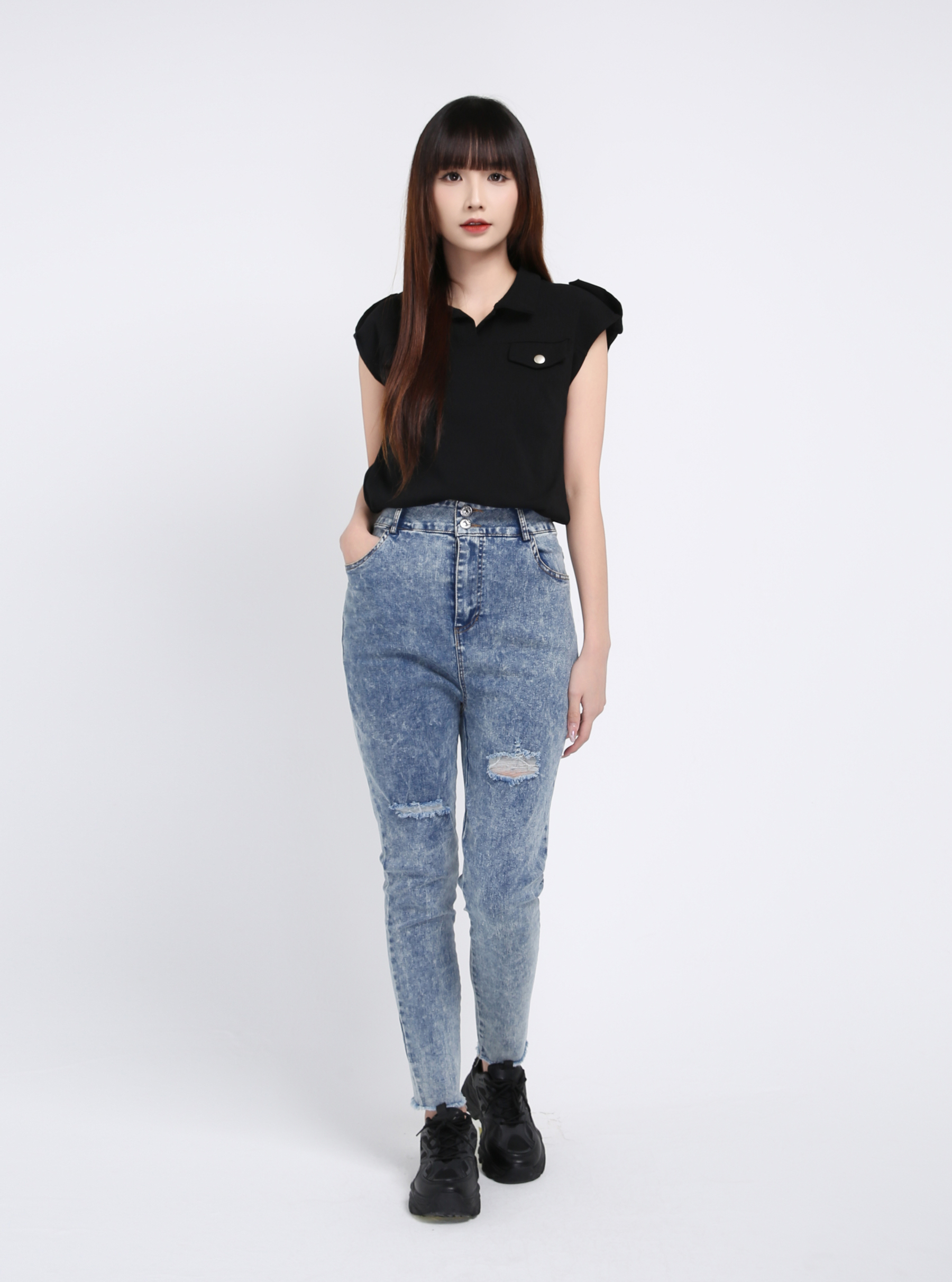 Denim High Waist Side Pocket Long Pant 39380