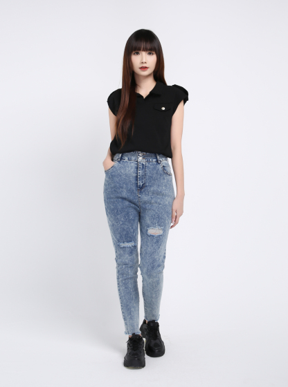 Denim High Waist Side Pocket Long Pant 39380