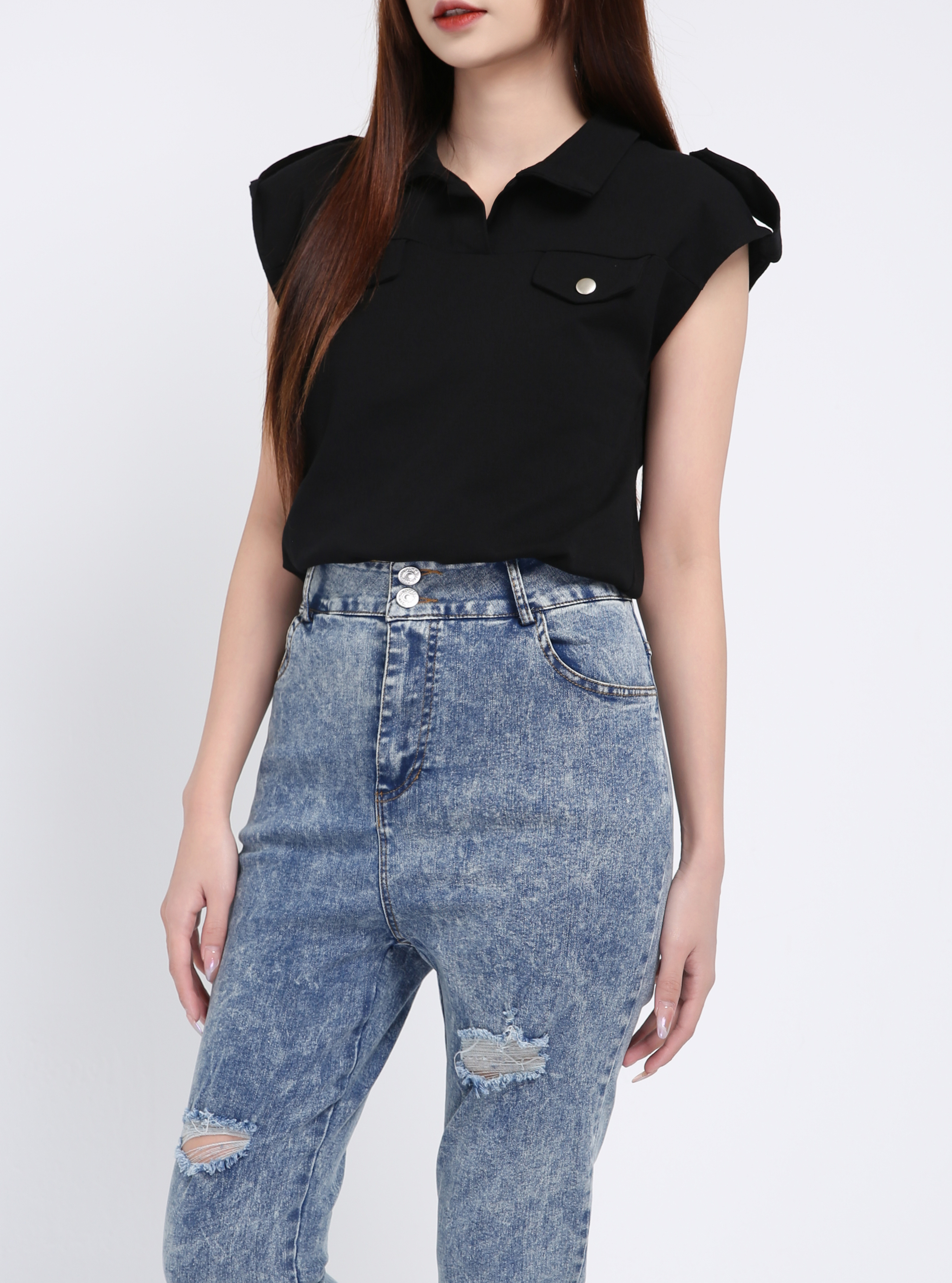 Denim High Waist Side Pocket Long Pant 39380