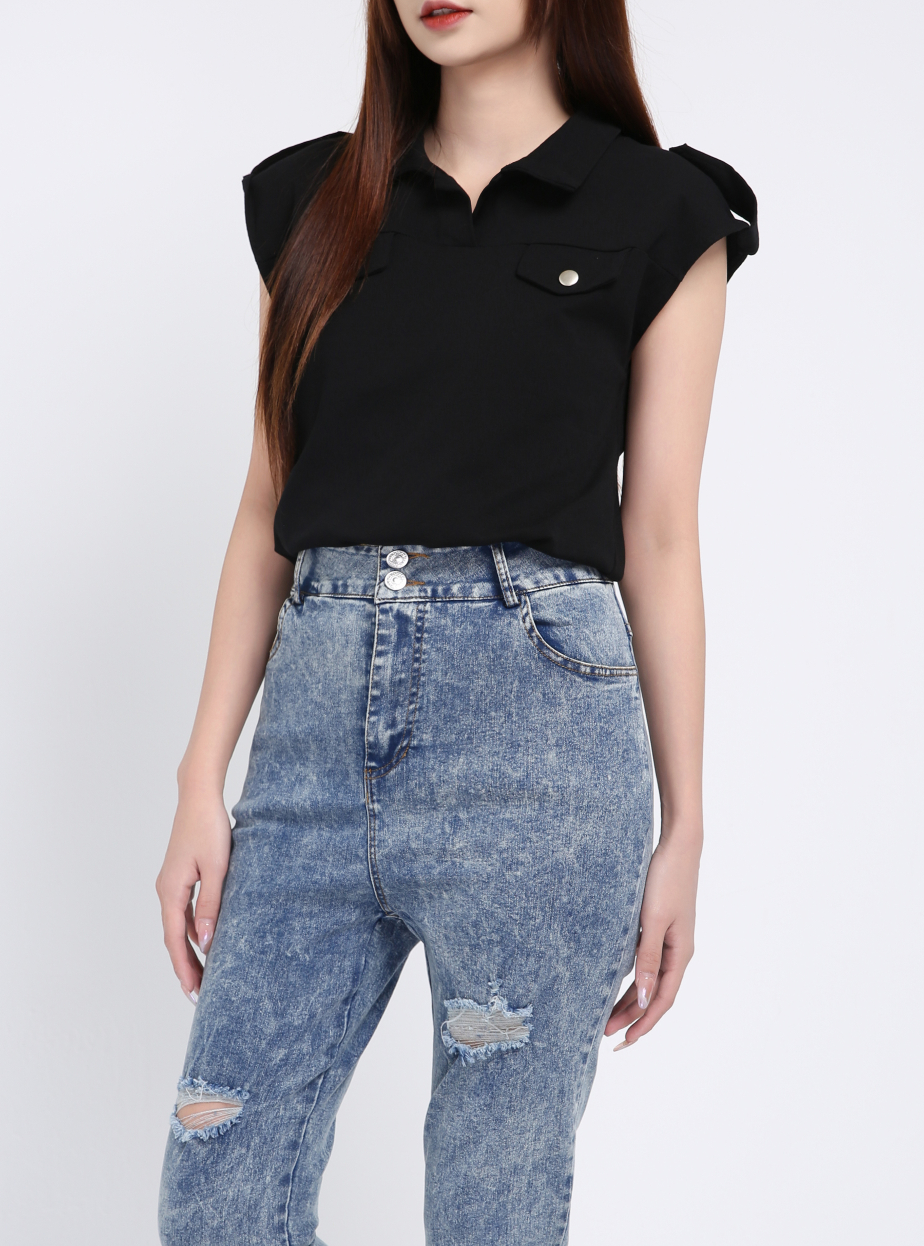 Denim High Waist Side Pocket Long Pant 39380