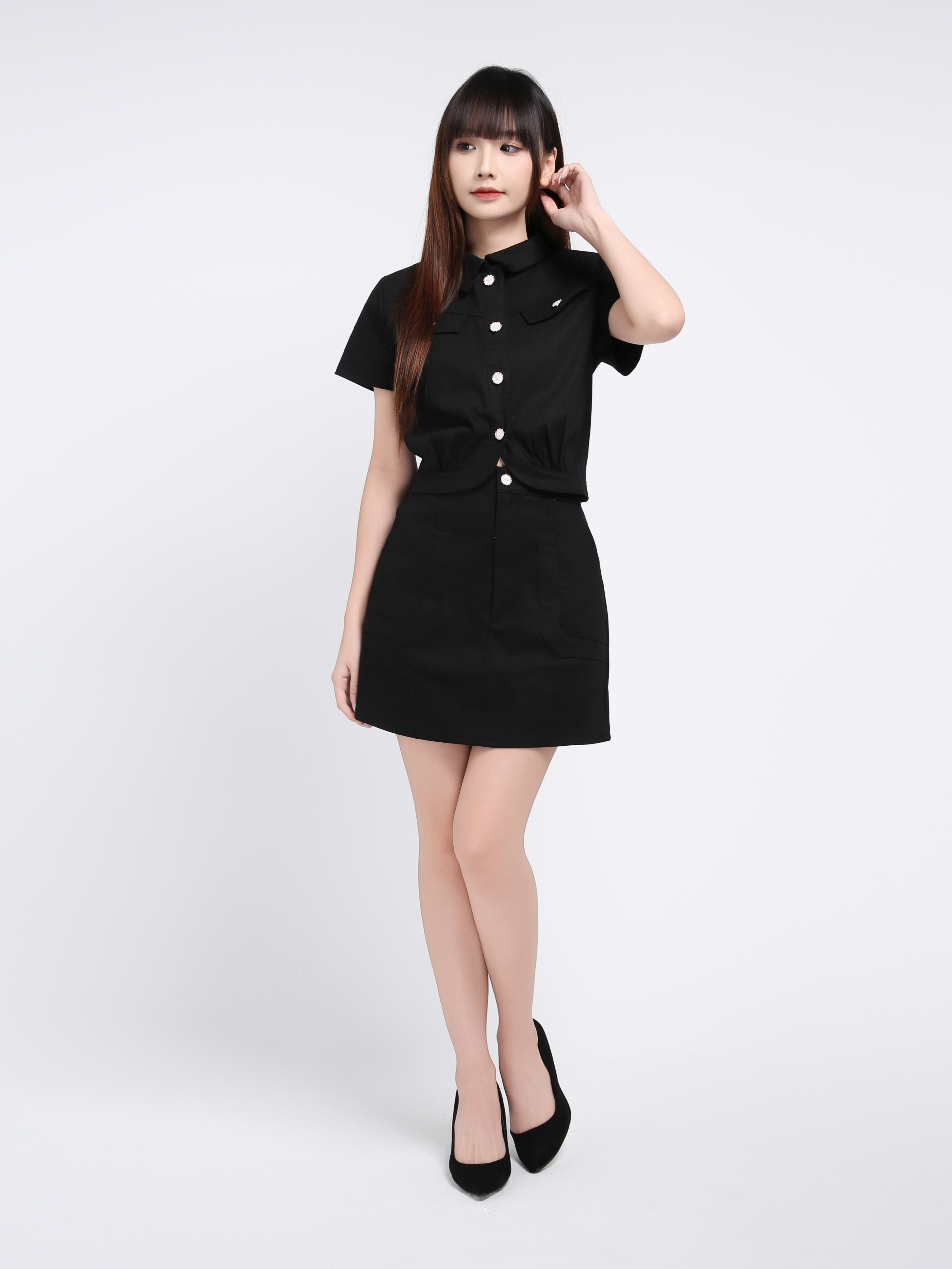 Short Sleeve Front Button Top With Skirt Pant Set 39393