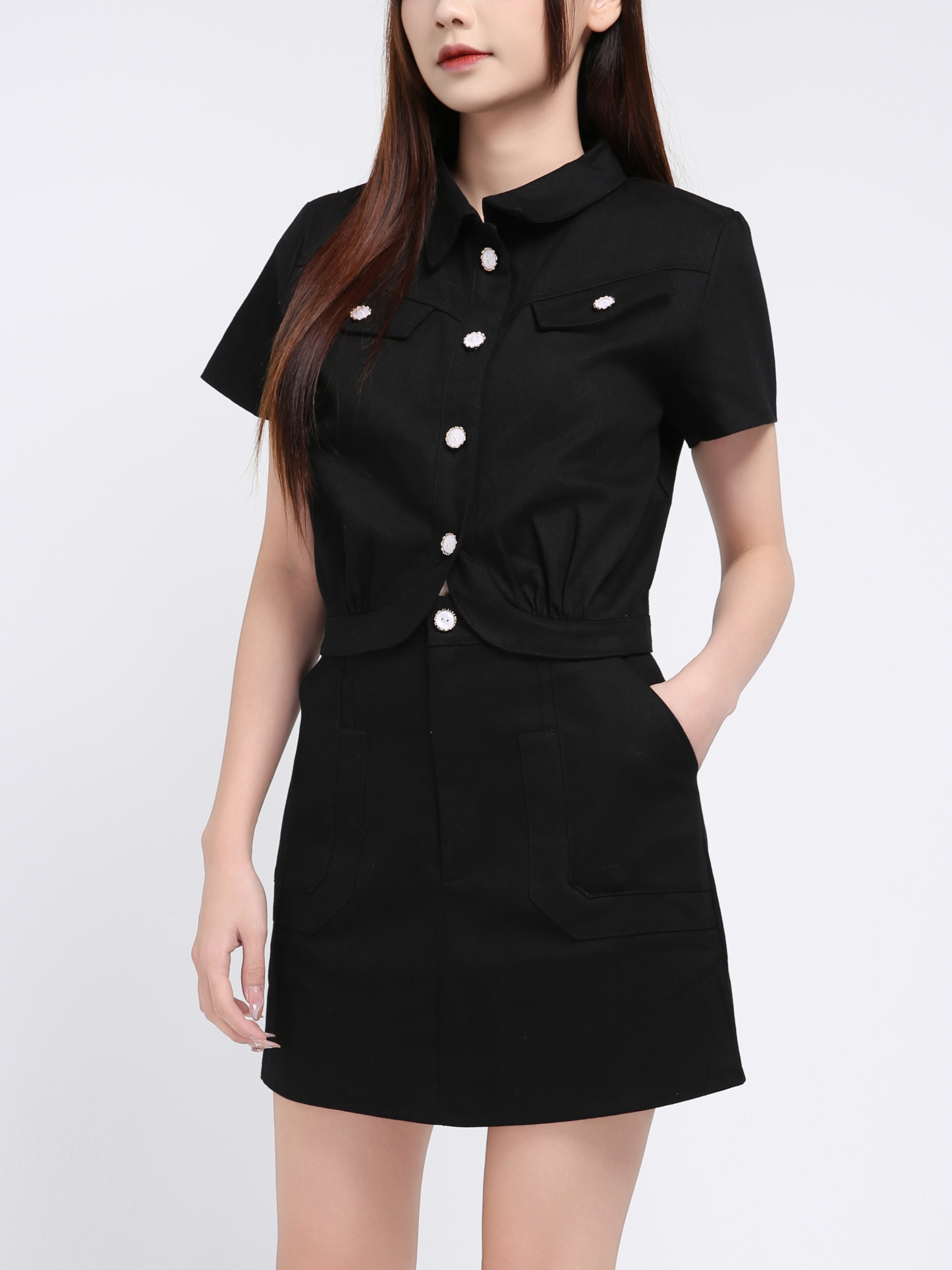 Short Sleeve Front Button Top With Skirt Pant Set 39393