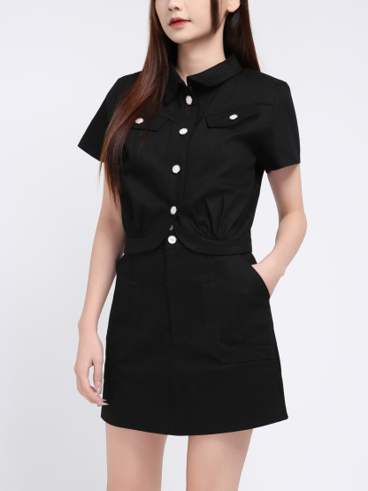 Short Sleeve Front Button Top With Skirt Pant Set 39393