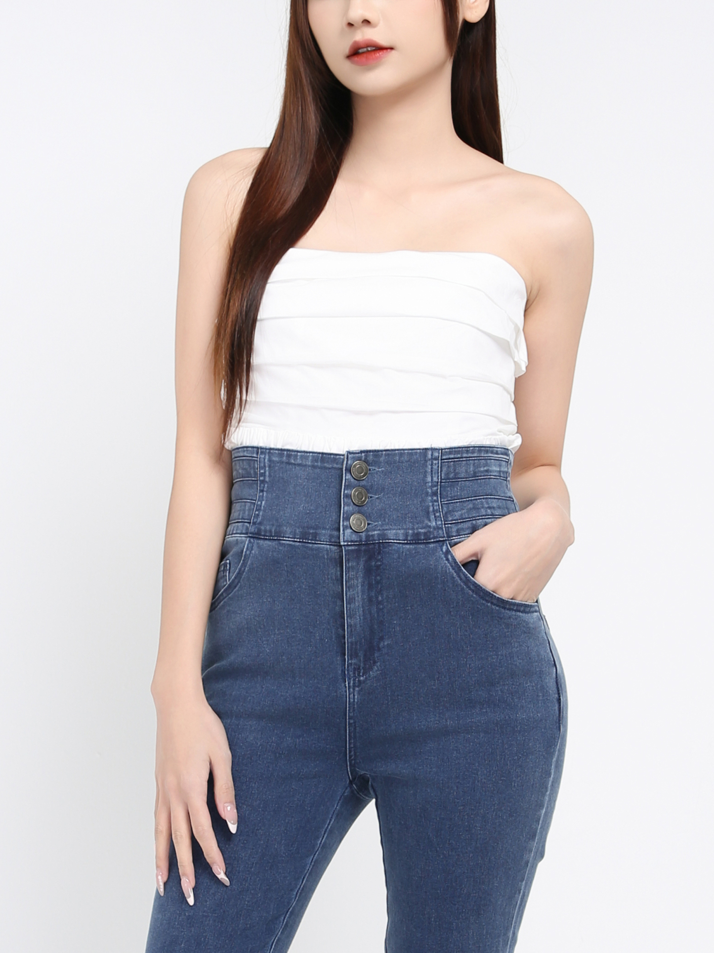 Denim High Waist Side Pocket Long Pant 39626