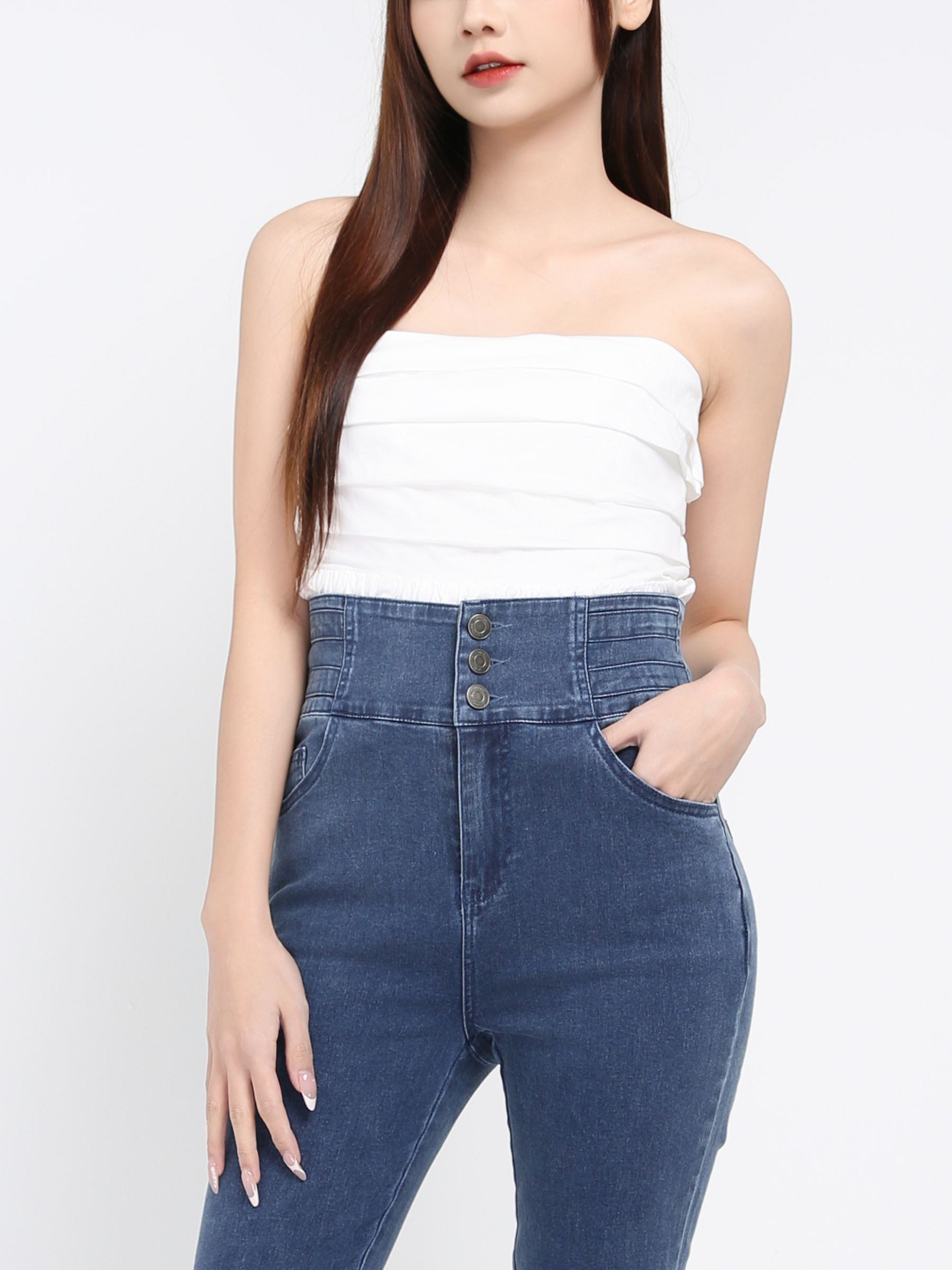 Denim High Waist Side Pocket Long Pant 39626