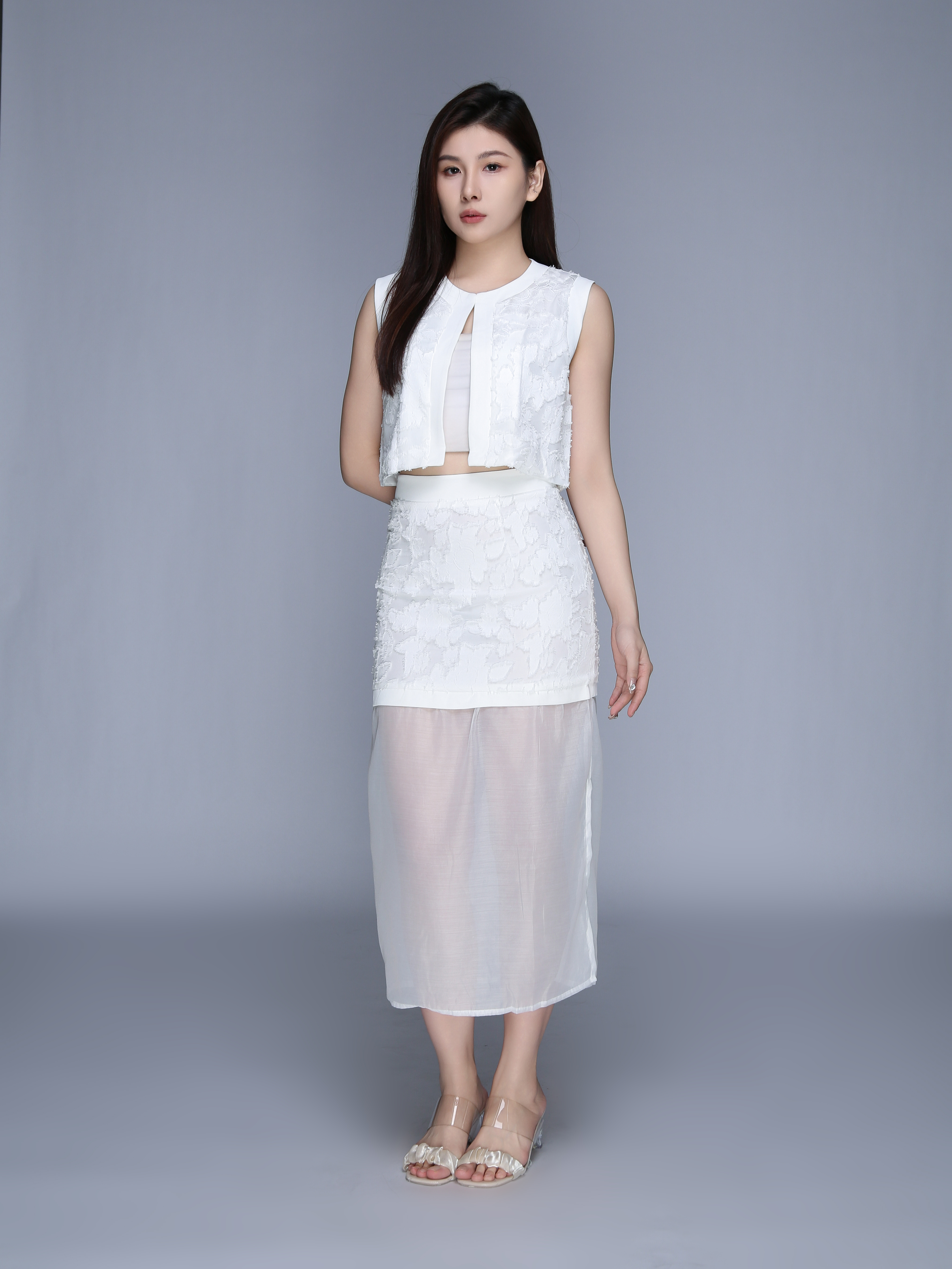 Sleeveless Top With Long Mesh Skirt Set 39526
