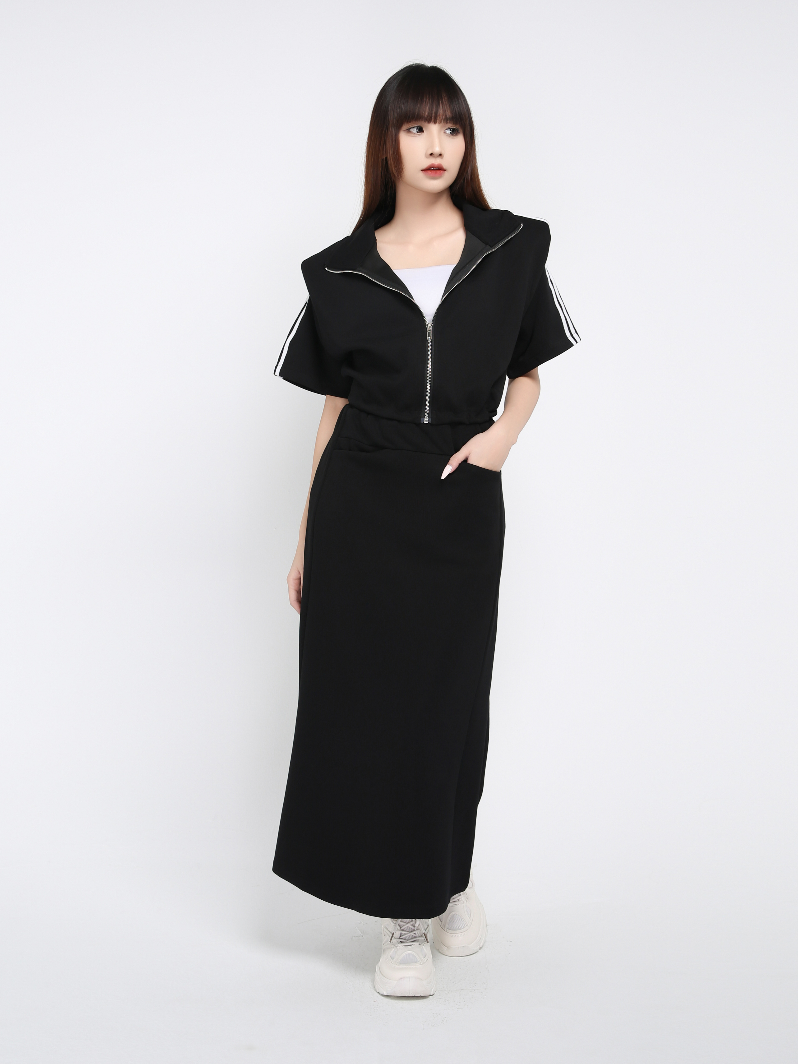 Short Sleeve Front Zip Top With Long Skirt Set 39551