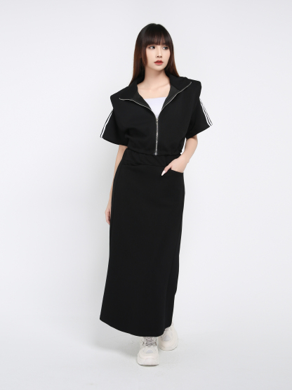 Short Sleeve Front Zip Top With Long Skirt Set 39551
