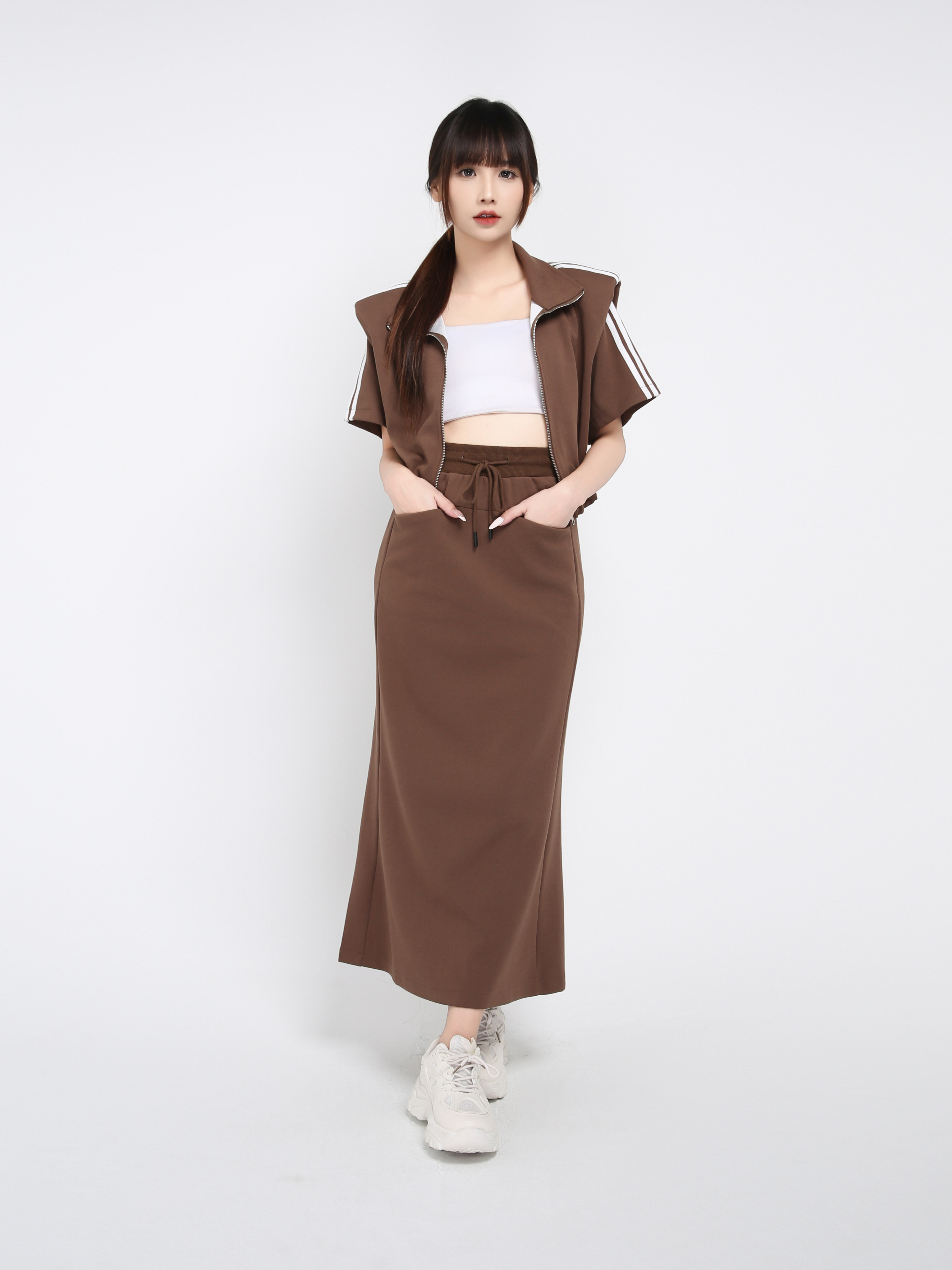 Short Sleeve Front Zip Top With Long Skirt Set 39551