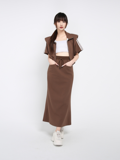 Short Sleeve Front Zip Top With Long Skirt Set 39551