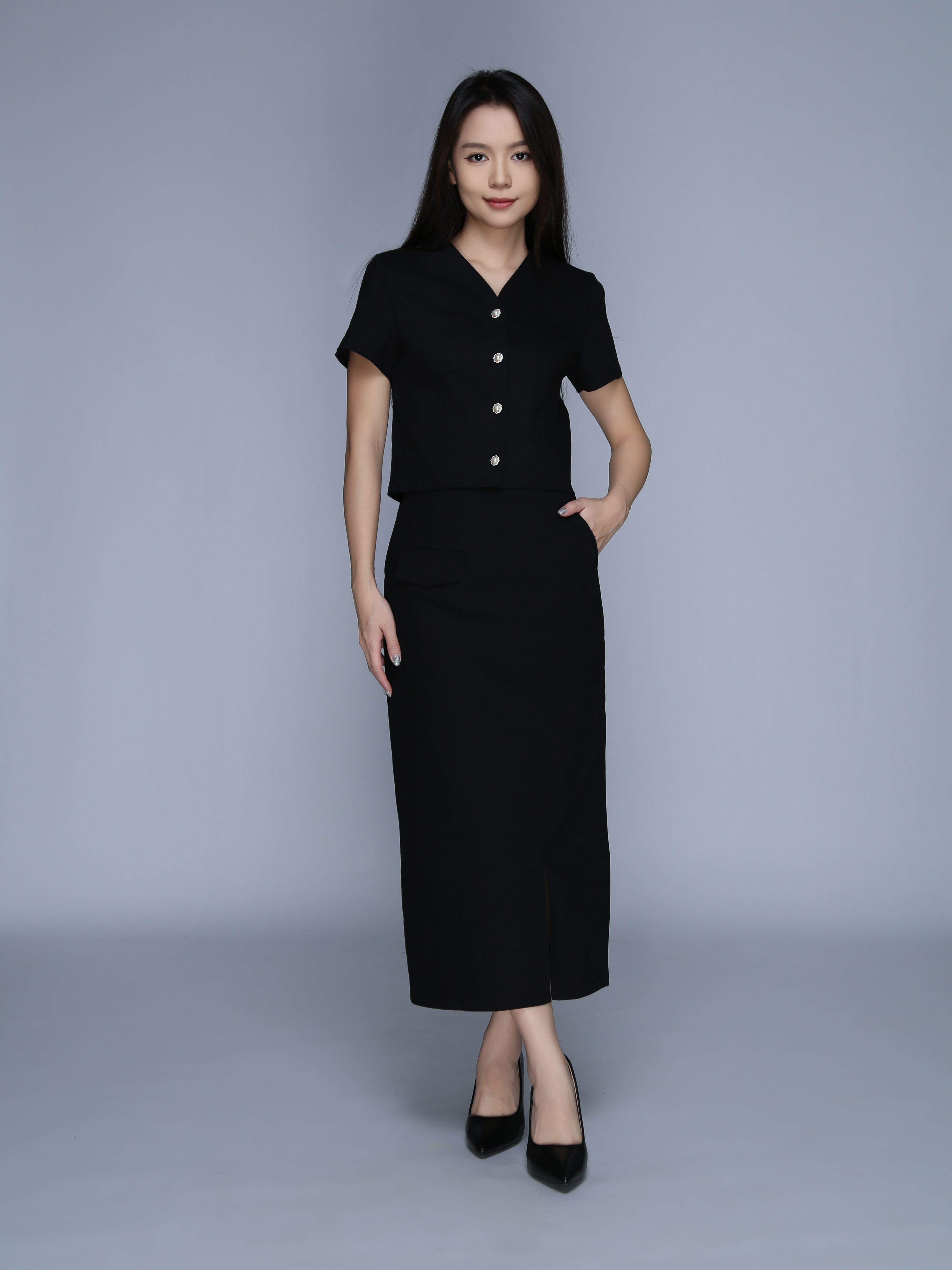 Short Sleeve Front Button Top With Long Skirt Set 39555
