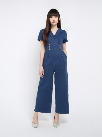 Denim Short Sleeve Back Zip Jumpsuit 39557