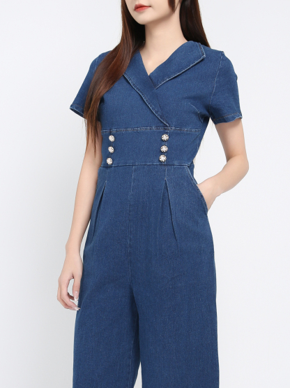 Denim Short Sleeve Back Zip Jumpsuit 39557