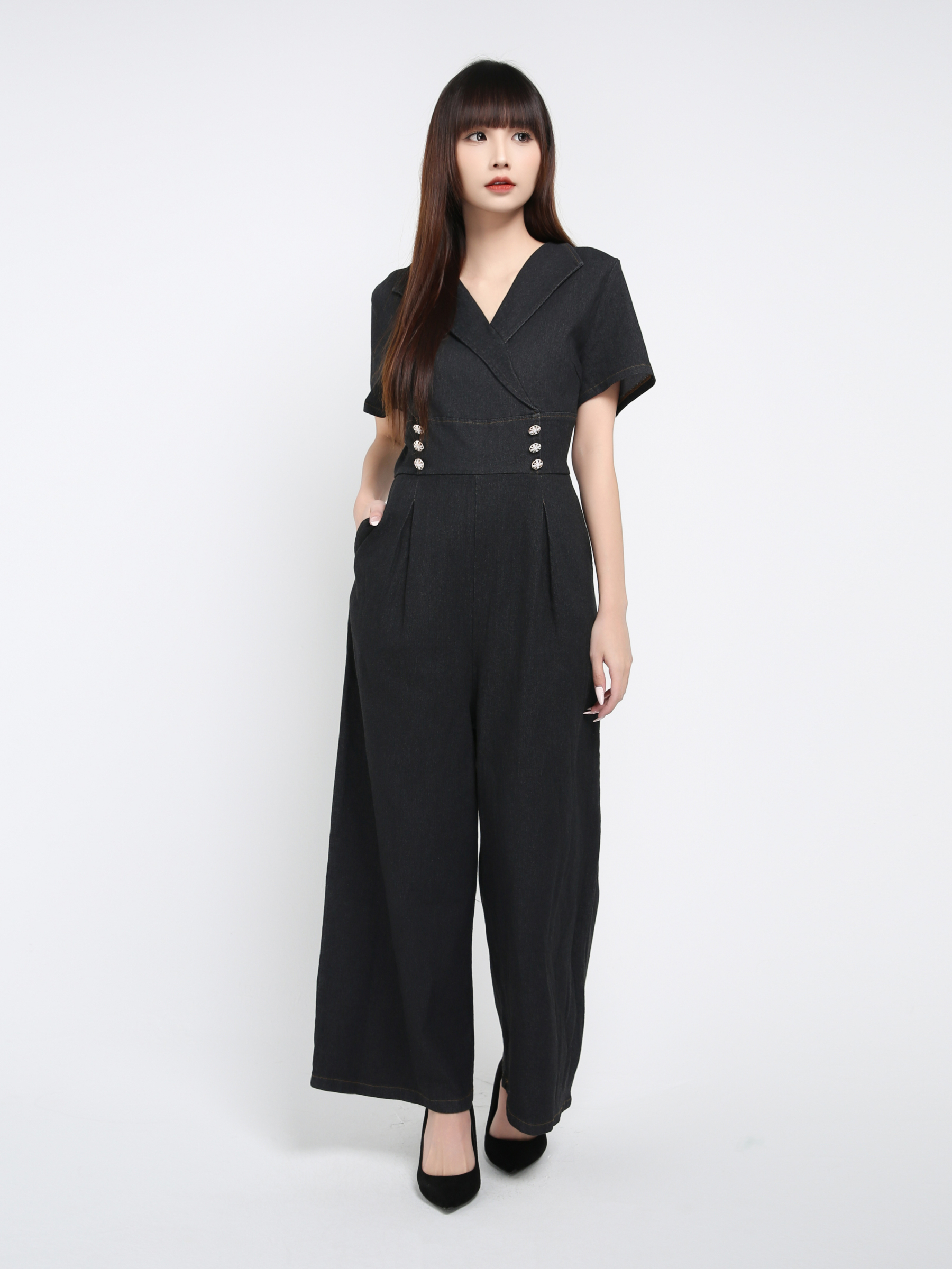 Denim Short Sleeve Back Zip Jumpsuit 39557