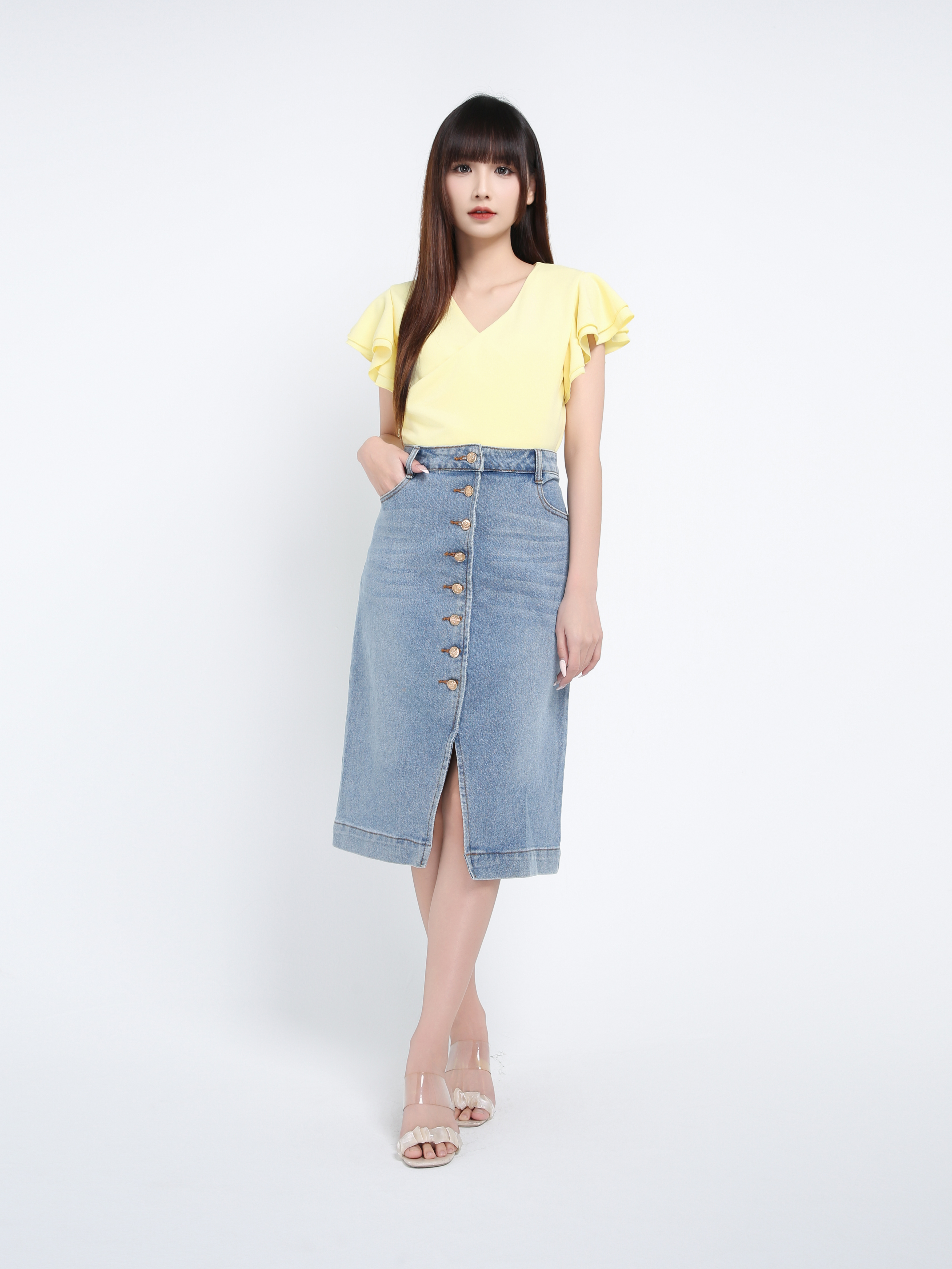 Denim Side Pocket Front Button Midi Skirt 39620