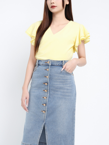 Denim Side Pocket Front Button Midi Skirt 39620