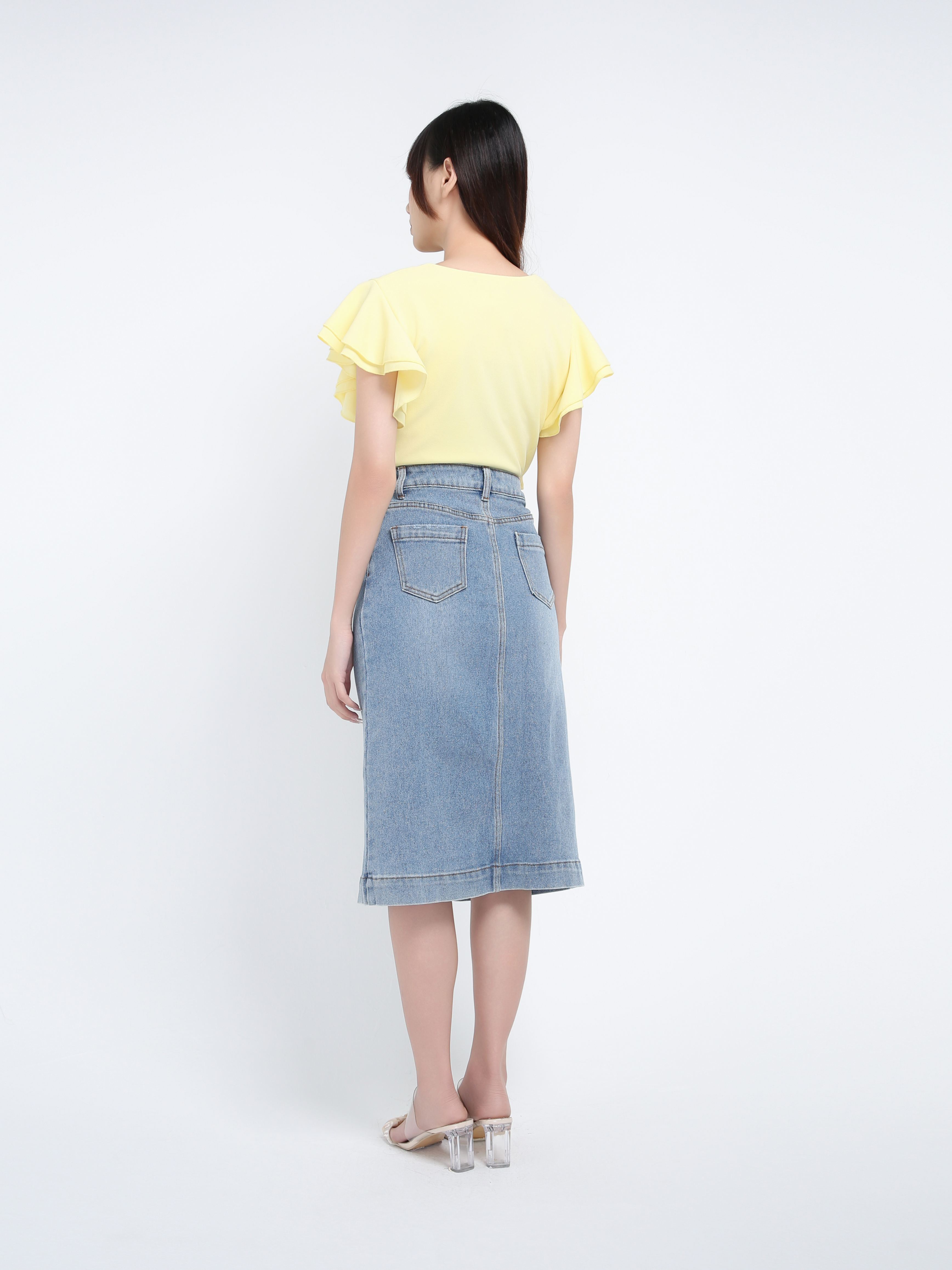 Denim Side Pocket Front Button Midi Skirt 39620