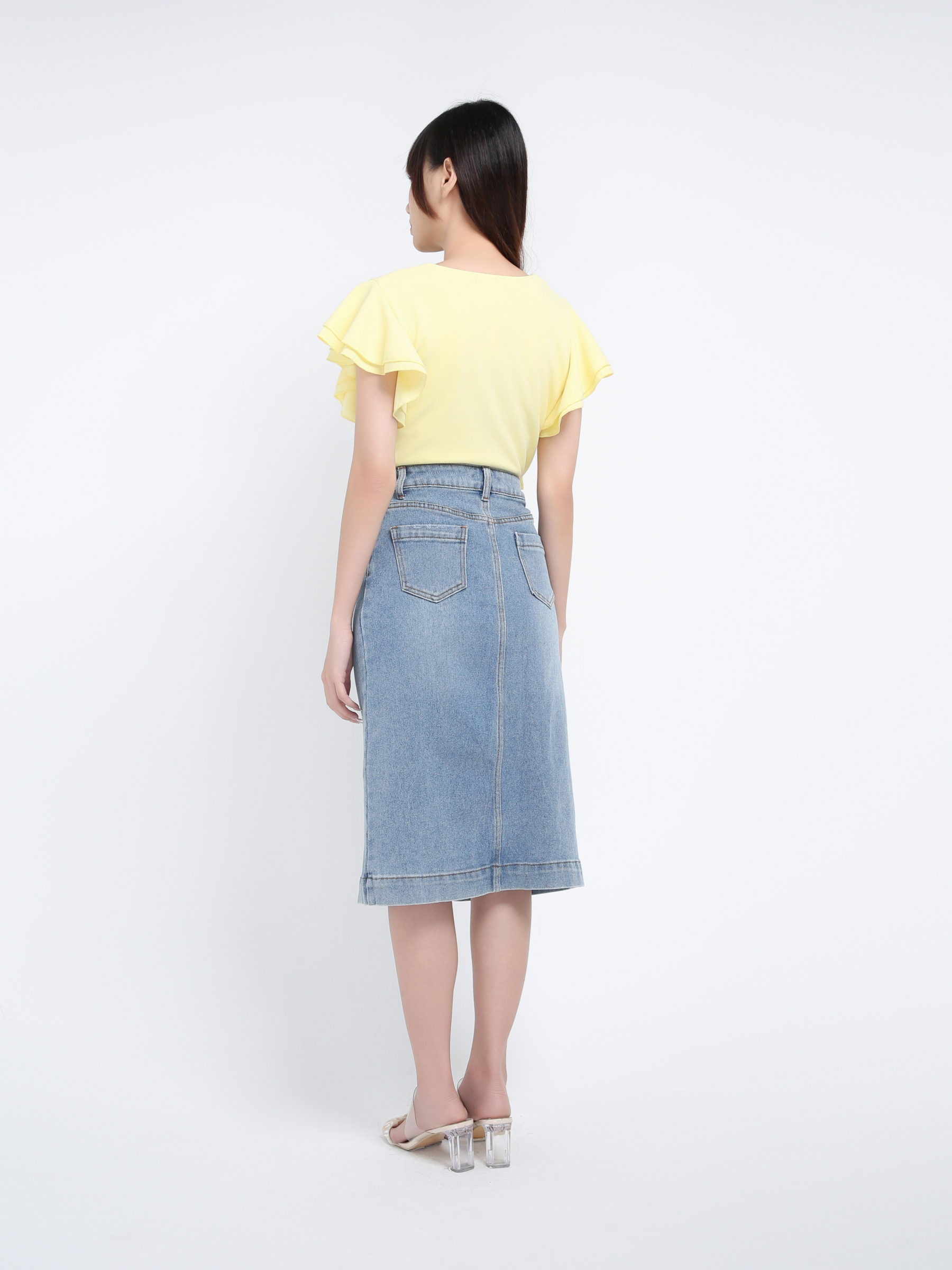 Denim Side Pocket Front Button Midi Skirt 39620