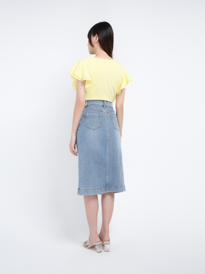Denim Side Pocket Front Button Midi Skirt 39620