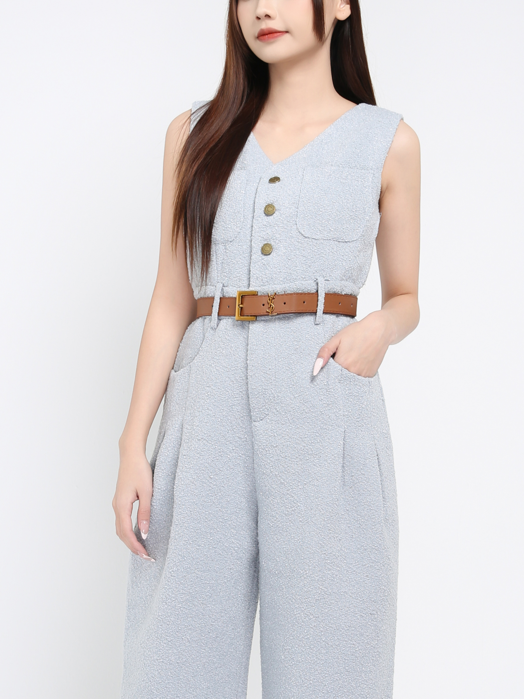 Sleeveless Front Button Jumpsuit With Belt 39664
