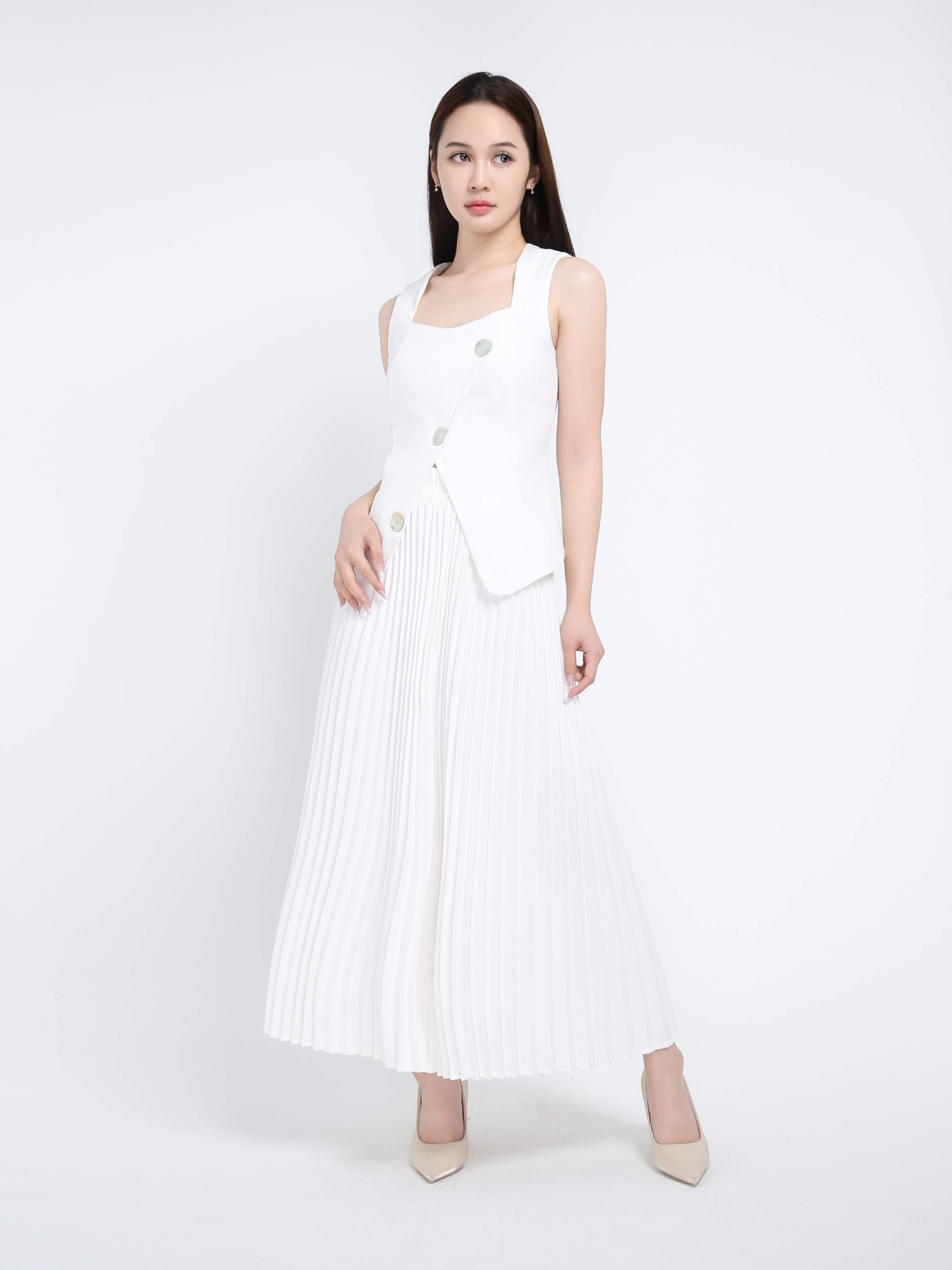 Sleeveless Back Zip Top With Pleated Long Skirt Set 39747